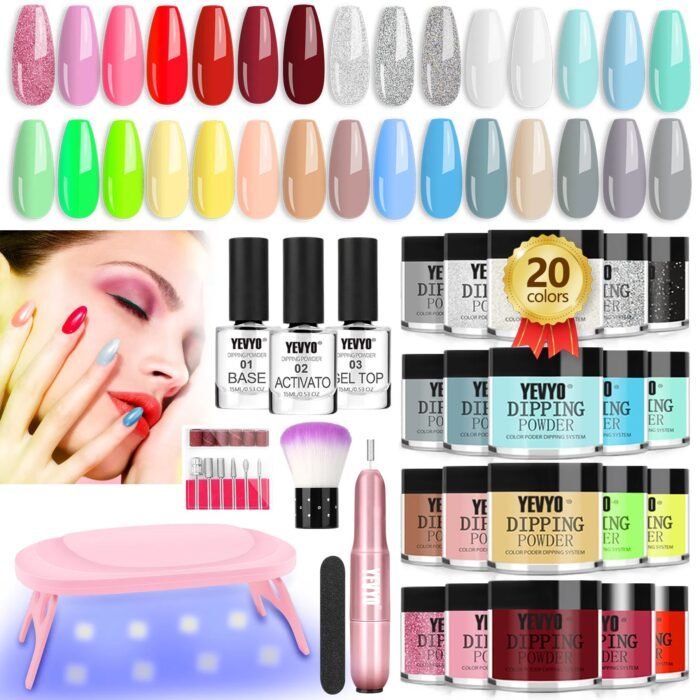 Acrylic Nail Kit Dip Powder Nail Kit Starter With Drill And UV Light, 20 Colors Fast Dry Powder Nail Dipping Kit, With Base & Top Coat Activator Dip Nail Kit For French Nail Art Manicure DIY - Image 1